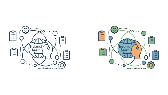 Hybrid team coordination and global task management vector icon set showing earth connection and remote worker synchronization for modern distributed business environments