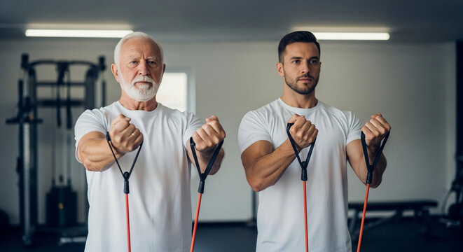 Senior man and young personal trainer exercising with resistance bands in gym, focus on healthy aging, strength training and active lifestyle.