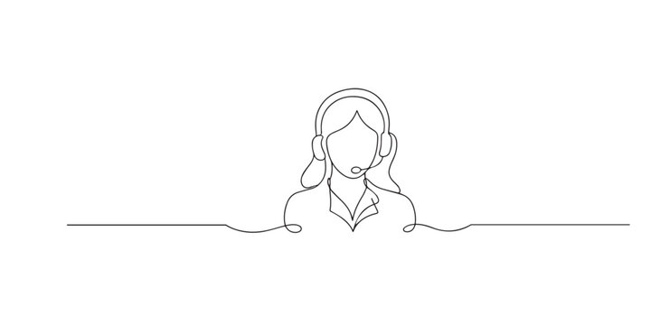 Continuous line of female customer service representative wearing headset. One line drawing of communication, support and professional assistance. Customer care concept. single line art vector.