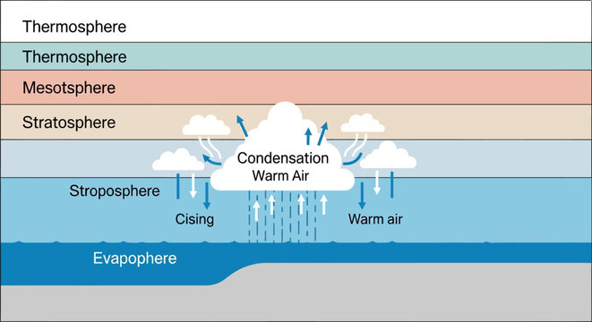 Atmospheric Layers and Water Cycle Diagram with Condensation and Warm Air.