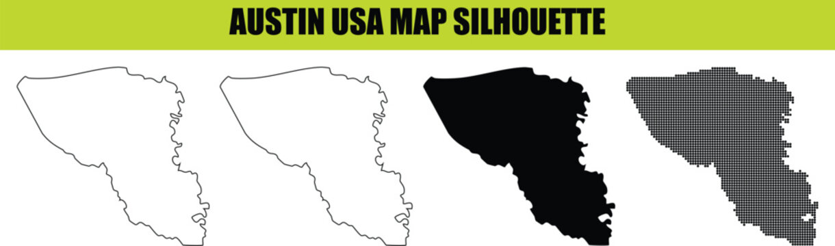 Austin usa map silhouette designs with black solid shape outline and dotted vector graphics for texas city branding.