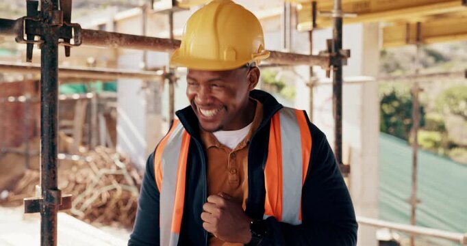 Fist pump, black man and construction worker on site with phone for bonus or infrastructure approval. Excited, cellphone and African male civil engineer with positive feedback on building project.