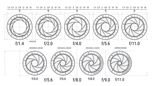 Camera Aperture Blades Diagram: f/1.4 to f/11.0, Technical Blueprint