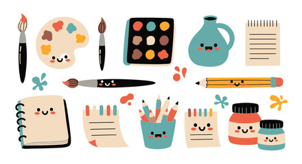 Cute and colorful collection of art supplies with smiling faces. © dada
