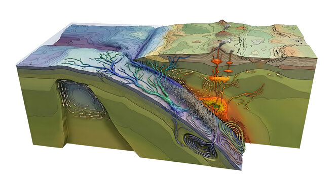 Detailed 3D Render of Tectonic Plate Subduction Zone and Mantle Flow, Suitable for Science Education, Isolated on White Background
