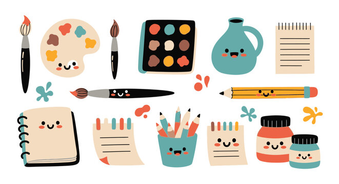 Cute and colorful collection of art supplies with smiling faces.