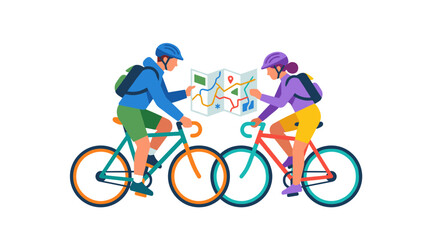 Fototapeta premium Two cyclists riding bicycles together joyfully.