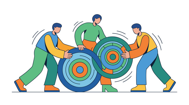 Teamwork Collaboration Three People Moving Large Tires Illustration.