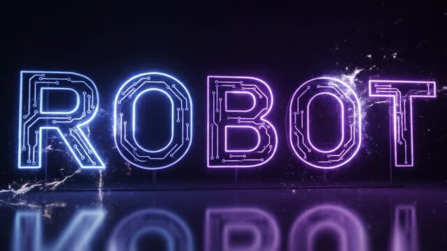 Glowing neon robot text with circuit board patterns representing artificial intelligence and future technology.