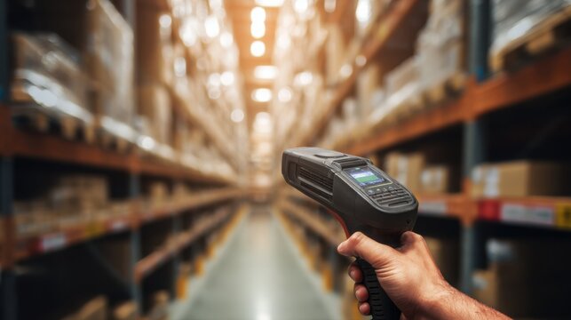 Hand holding barcode scanner in modern warehouse aisle, shelves softly blurred in background, logistics and inventory control concept, hyper