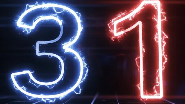 Glowing neon number thirty one in blue and red electric light for new year countdown or calendar concept.