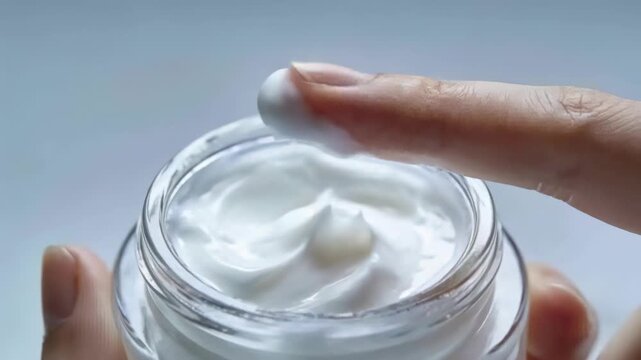 Pressing right index finger into glass jar white cream in studio rotating scooping lifting dollop