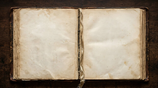 Antique vintage open book with weathered parchment pages on rustic brown surface showing aged texture stain history education publishing mockup and copy space for archival research document