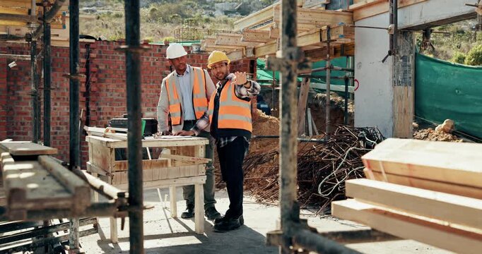 Team, men and planning for construction project, idea or development assessment with feedback. Collaboration, architect and discussion at site, building evaluation or point for inspection meeting
