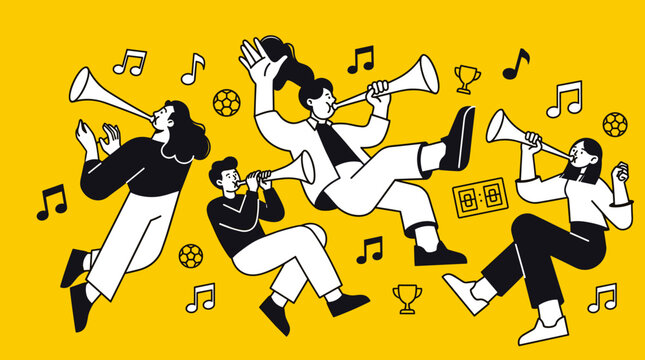 Flat vector illustration of excited sports fans blowing horns, celebrating victory and soccer championship on yellow background