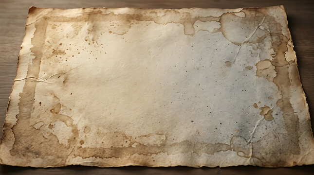 Vintage distressed paper texture featuring weathered stains, a faded deckle edge border, and grainy parchment surface. Blank central area for antique stationery, scrapbooking, and heritage.