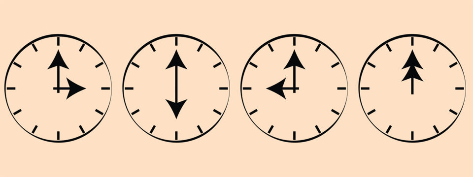 Minimalist vector illustration featuring four clock faces with arrow-shaped hands indicating different directions and time positions. Clean black-and-white design suitable for concepts related to time