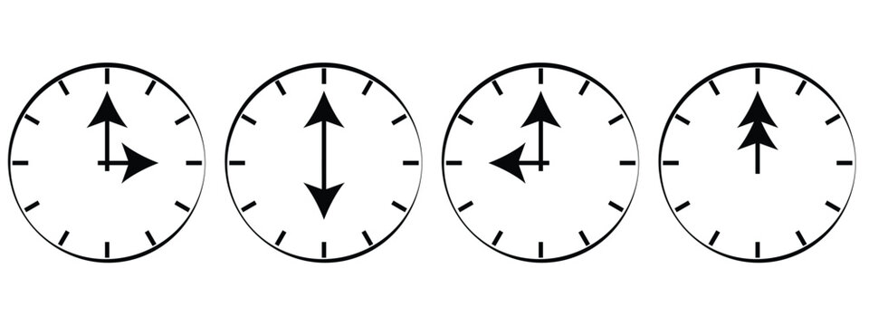 Minimalist vector illustration featuring four clock faces with arrow-shaped hands indicating different directions and time positions. Clean black-and-white design suitable for concepts related to time
