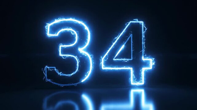 Glowing blue neon number thirty four with electric energy effect on a dark background.
