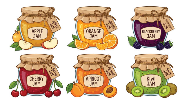 Collection of colorful fruit jam glass jars with rustic paper labels in a flat vector illustration