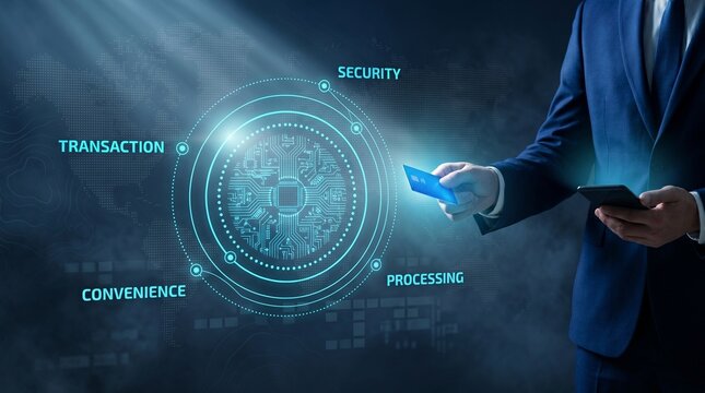 Businessman holding credit card with digital security icons for safe online transaction processing
