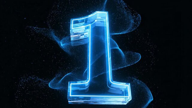 Glowing blue neon number one countdown digit on a dark black background representing the start of a race or event.