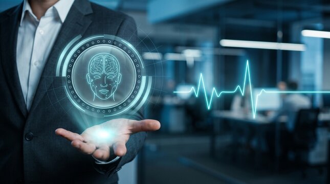 Businessman presenting AI medical hologram with brain interface and heart rate waveform in office
