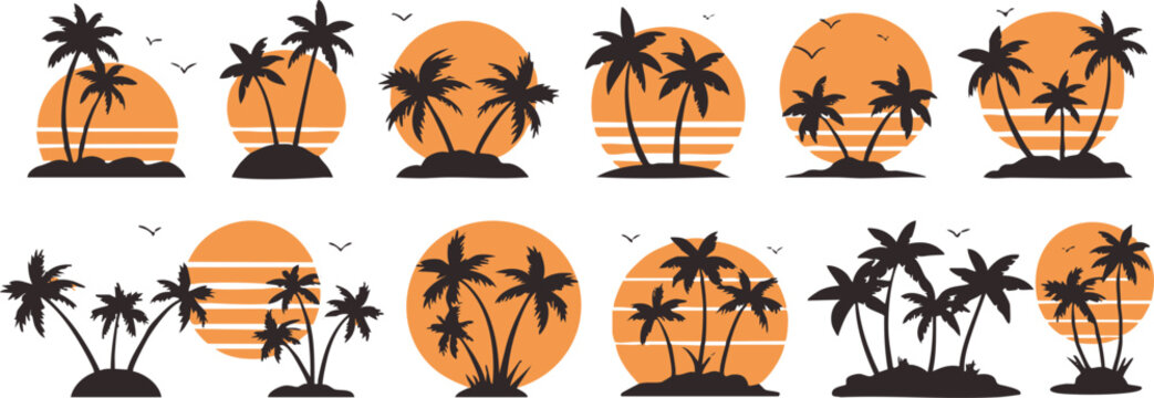 sunset palm island silhouette set with striped sun and bird collection