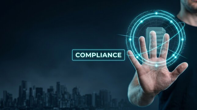 Hand touching digital compliance interface with security icons and document verification hologram