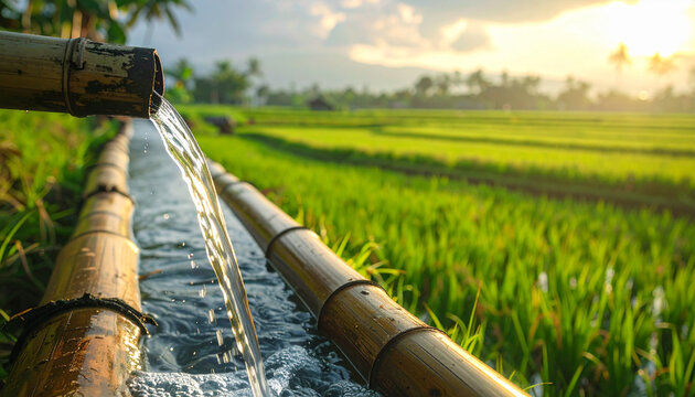 Bamboo water channel flows to vibrant green rice field landscape at sunset