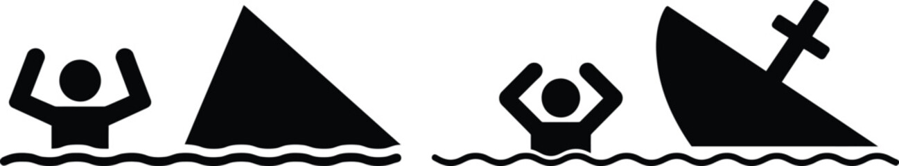 Person drowning and rescued near sinking boat with iceberg © HappyArt