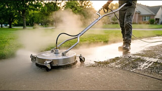 Worker pushing surface cleaner attachment steaming and washing dirty concrete driveway in suburban neighborhood, professional power washing maintenance