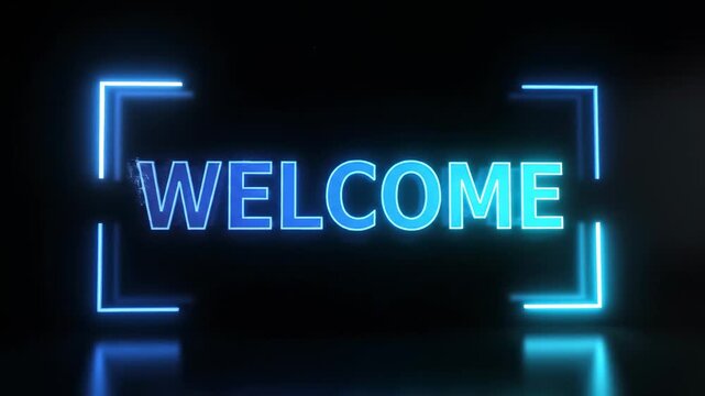 Futuristic neon blue welcome sign glowing in a dark digital space for business greetings and technology intros.