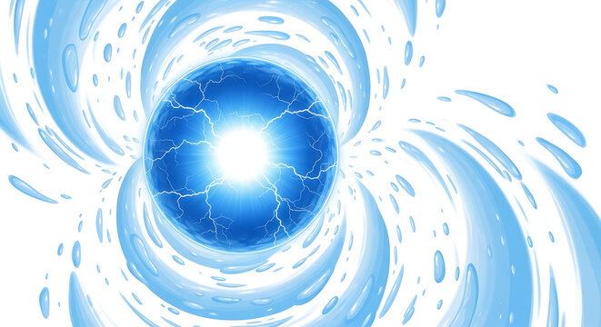 Blue energy orb surrounded by swirling liquid water vortex with abstract spherical background scientific electric