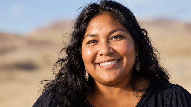 Warm close up portrait photo of a smiling Native American woman in a natural desert landscape. This authentic, friendly image is perfect for diversity campaigns and commercial lifestyle ads.