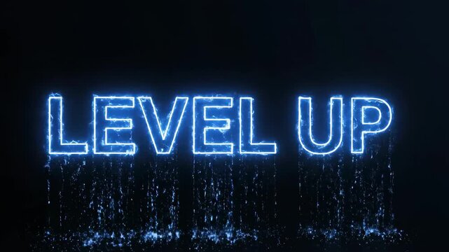 Futuristic blue neon level up text with glitch effect for gaming and business progress concept.