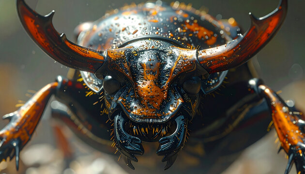 Close up macro shot of a detailed stag beetle with prominent mandibles