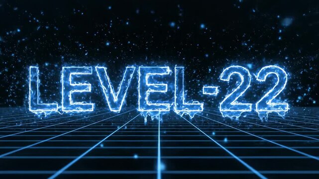 Futuristic blue neon level 22 text on a digital grid background for gaming achievement or birthday milestone.