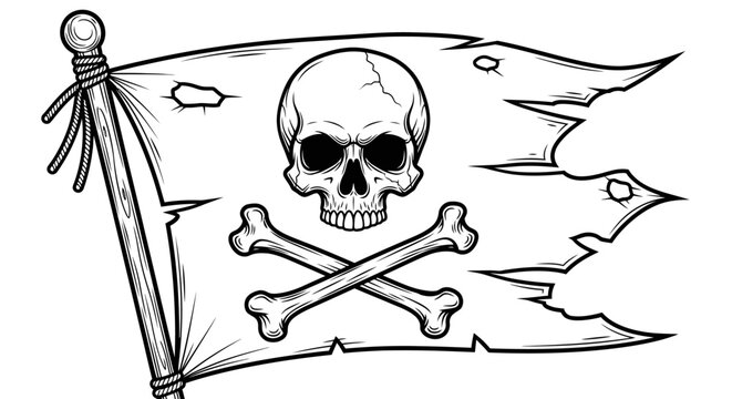 Tattered Jolly Roger Flag with Skull and Crossbones.
