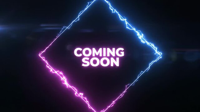 Coming soon announcement text with purple neon glow on a black background for marketing and product launches.