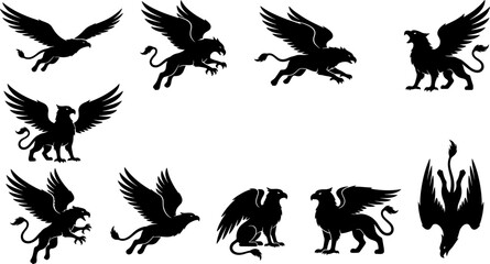 Fototapeta premium Bundle of griffin mythological animal silhouettes flying and standing on plain background