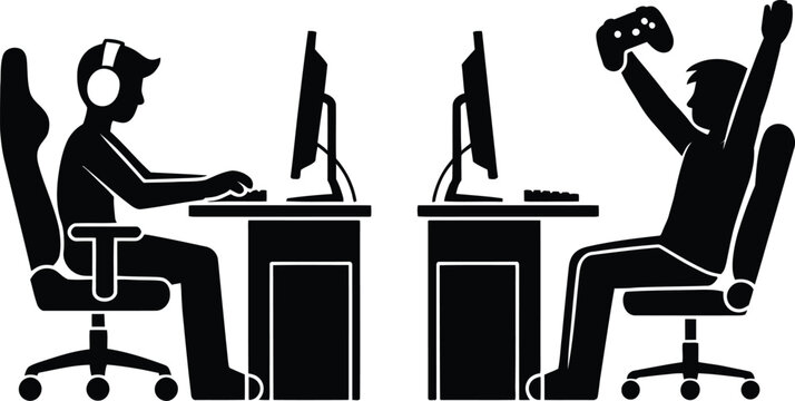 Two people gaming at desks with computer monitors and controller