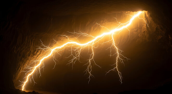 Intense golden lightning strike against dark night sky with lightning thunderbolt electrical environment atmospheric dramatic phenomenon background