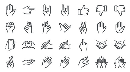 Fototapeta premium Minimalist black vector graphic design set featuring various hand gestures and professional communication sign icons