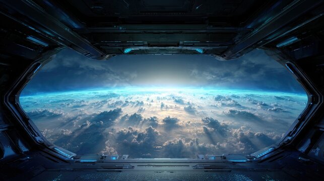 View through futuristic spacecraft observation window toward Earth glowing above clouds, cinematic lighting, awe inspiring exploration concept, hyper