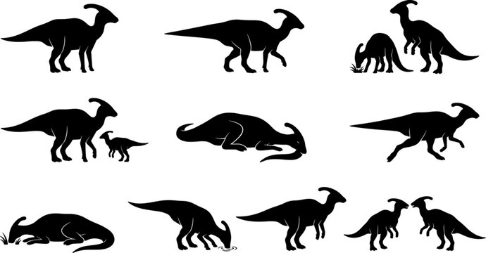 Detailed set of parasaurolophus dinosaur silhouettes walking and grazing in prehistoric landscape environments