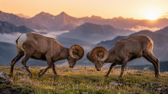 Spectacular wildlife photo of two bighorn sheep rams clashing horns on a mountain peak at sunrise. This epic action shot is ideal for hunting magazines, travel articles, and nature prints.
