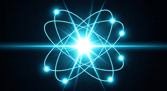 Glowing atom model with orbital electrons and central core energy light effect particle molecule chemistry abstract scientific technology electron universe structure innovation