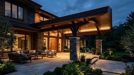 Obraz premium Modern Luxury House Exterior with Illuminated Patio and Stone Architecture at Night