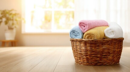 Fototapeta premium Woven laundry basket filled with freshly washed towels, bright sunlit room, clean home lifestyle concept, ultra realistic textile textures, large